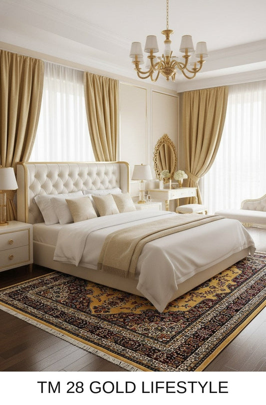 Zarin gold Persian medallion carpet in a living room