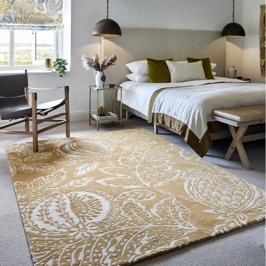 Tressan mustard botanical hand tufted wool rug for bedroom