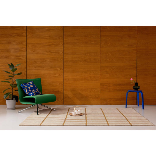 Beige and mustard grid hand tufted wool rug in a living room, Carpet Emporio