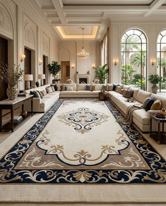 Marquess navy and cream scroll border hand tufted wool rug, full view