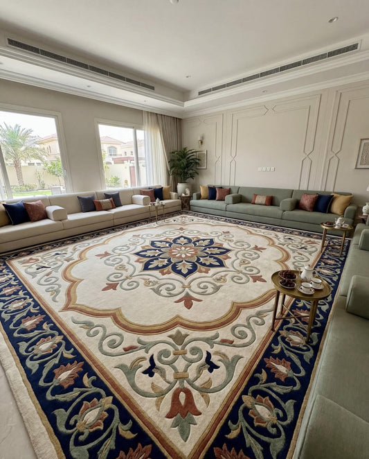 Zarafshan cream and navy medallion hand tufted wool rug, full view