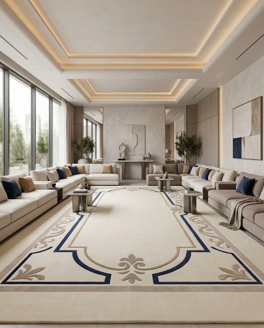 Rivoli cream and navy line border hand tufted wool rug, full view