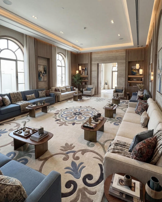Serena cream and sage scroll medallion hand tufted wool rug, full view