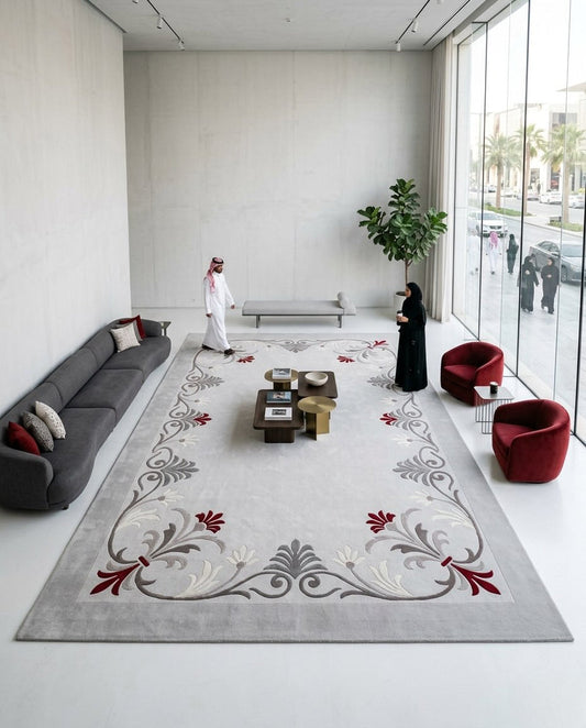Ashira grey and burgundy floral border hand tufted wool rug, full view