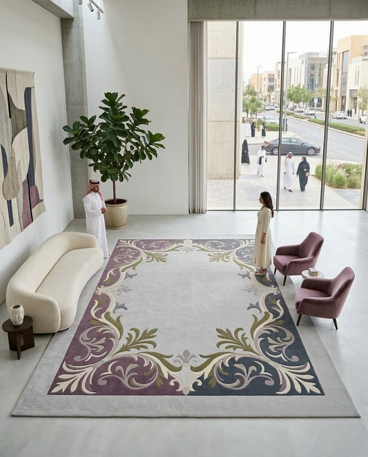 Orchidea grey, mauve and navy scroll border hand tufted wool rug, full view