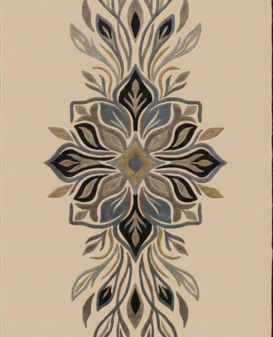 Mayura cream and indigo leaf border hand tufted wool rug, view 2