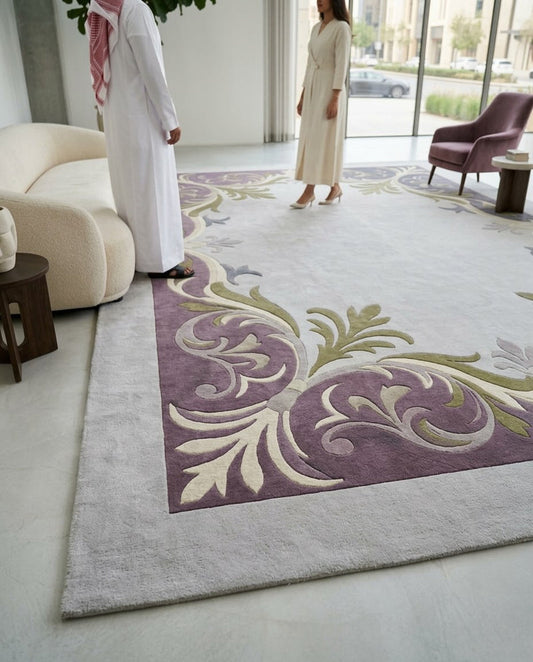 Orchidea grey, mauve and navy scroll border hand tufted wool rug, view 2