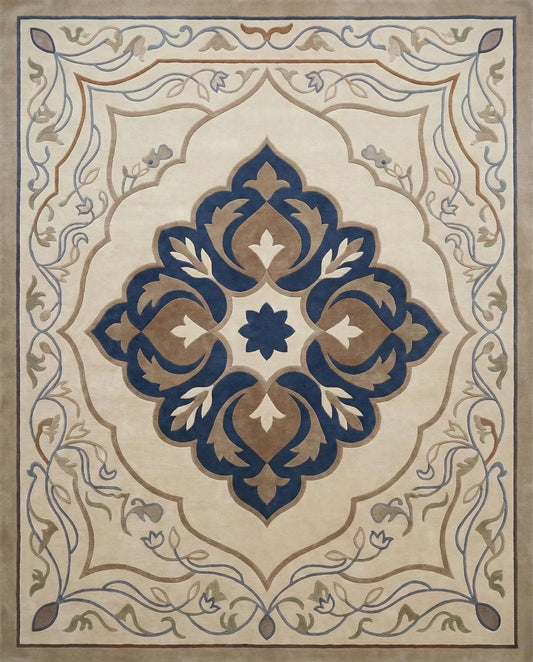 Lazuli cream and navy medallion hand tufted wool rug, view 2
