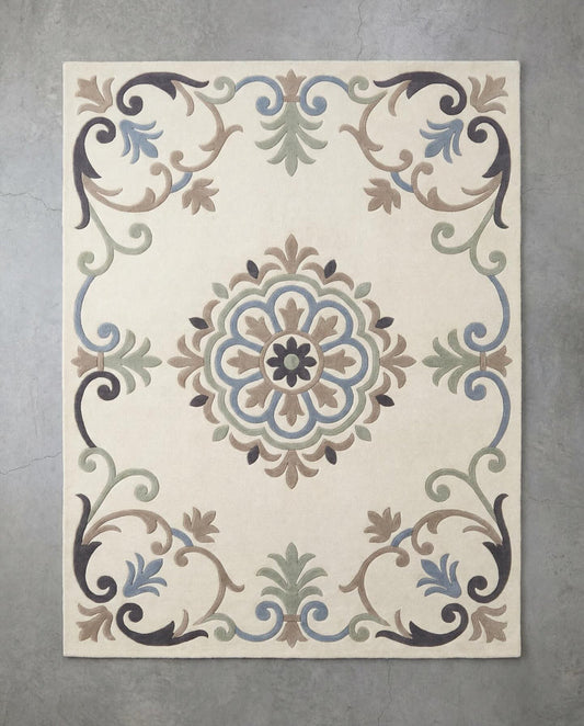 Serena cream and sage scroll medallion hand tufted wool rug, view 2