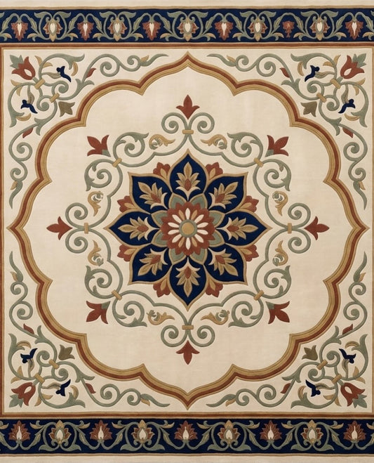 Zarafshan cream and navy medallion hand tufted wool rug, view 2