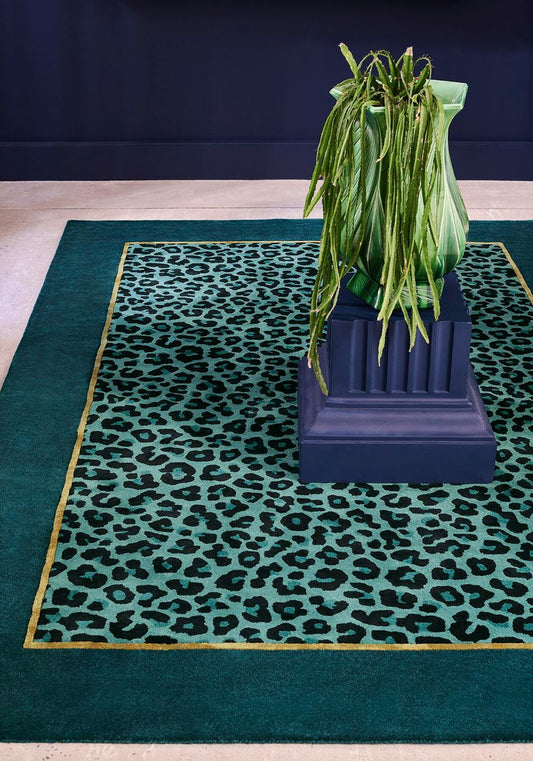 Leopard Teal Gold Hand Tufted Carpet – view 2