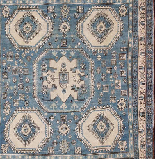 Erzurum Sky Blue Geometric Hand Knotted Wool Rug - sky blue rectangular rug