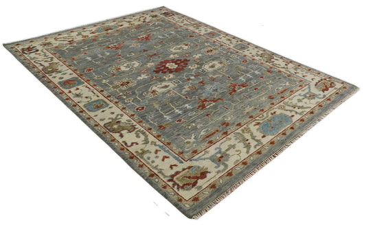 Ephesus Gray Oushak Hand Knotted Wool Rug - sky blue rectangular rug