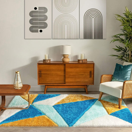 Teal & Mustard Geometric Triangle Shag Rug - room setting