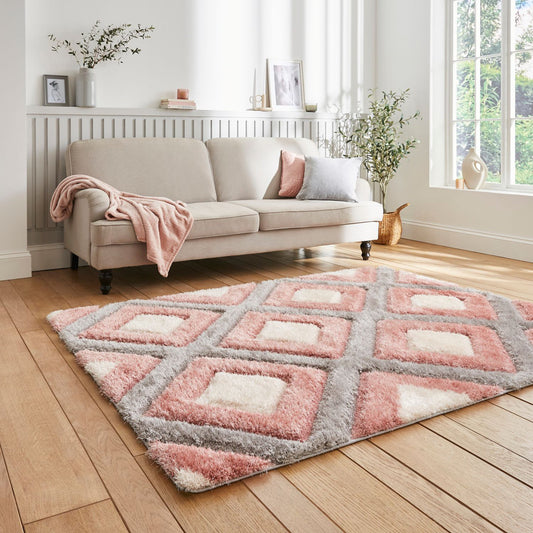 Luthen Blush & Grey 3D Diamond Shaggy Rug – alternate view
