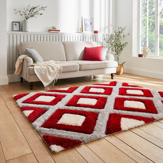 Quorin Red & Grey Diamond Shaggy Rug – alternate view