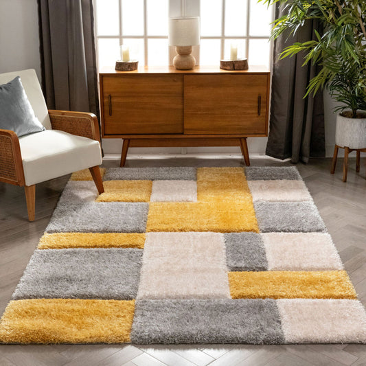 Elynor Mustard & Grey Patchwork Shaggy Rug – alternate view