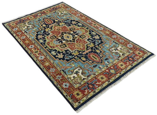 Bosphorus Navy & Sky Blue Oushak Hand Knotted Wool Rug - sky blue rectangular rug
