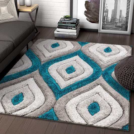 Teal Ogee Shag Rug - room setting