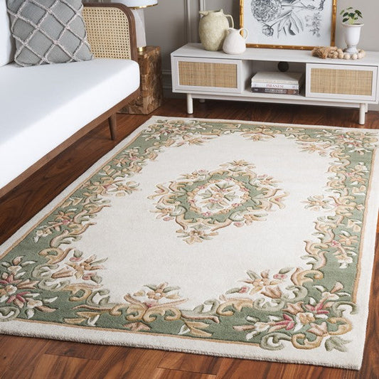 Seraphine cream and sage floral medallion hand tufted wool rug, view 2