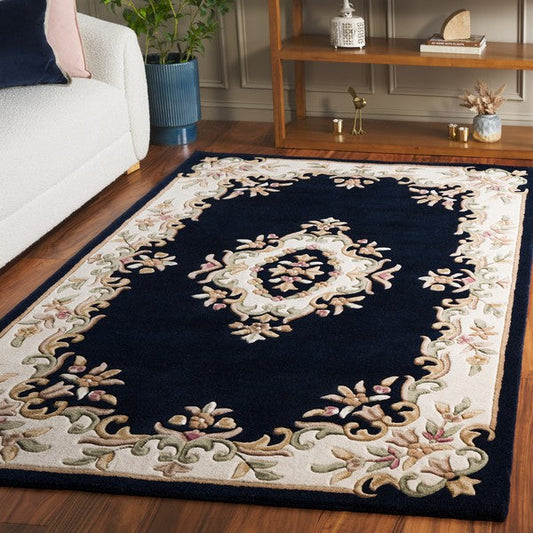 Elodie navy and cream floral medallion hand tufted wool rug, view 2