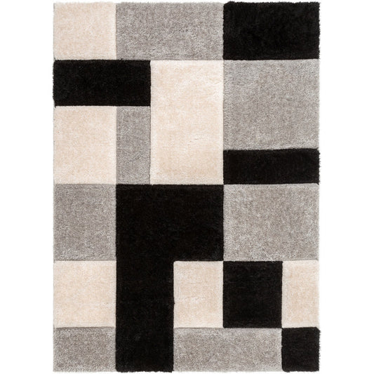 Cubix Beige Colour-Block Shag Rug - styled in a living room
