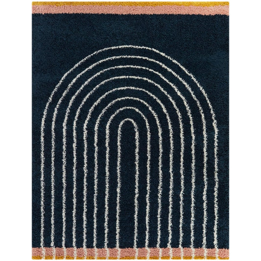 Aroha Navy Rainbow Shag Rug - styled in a nursery