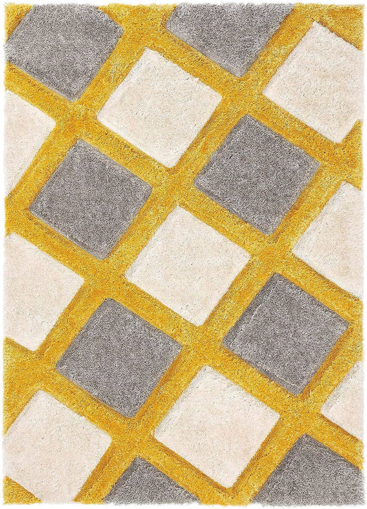 Lumo Mustard Trellis Shag Rug - close-up of mustard and grey shag pile