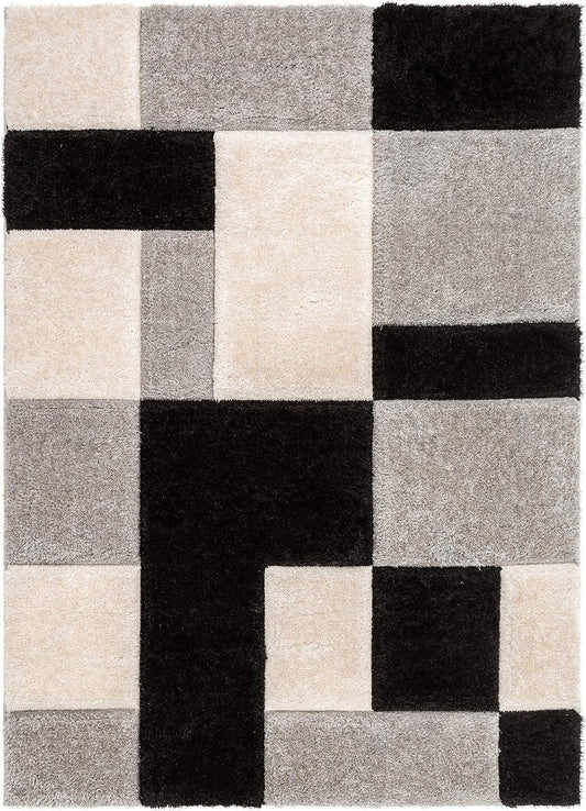 Orlith Black & Grey Colour-Block Shaggy Rug – alternate view
