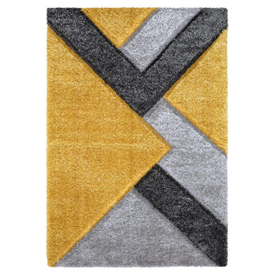 Zenith Mustard Geometric Shag Rug - styled in a living room