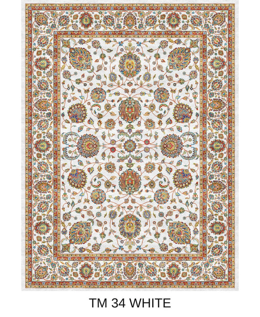Anahita white Persian floral machine-made polyester carpet, full view