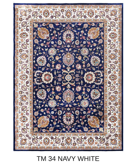 Atoosa navy and white Persian floral machine-made polyester carpet, full view