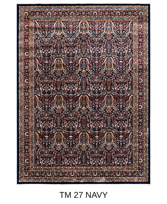 Daria navy Persian garden machine-made polyester carpet, full view