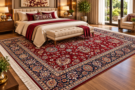 Tara red and navy Persian floral machine-made polyester carpet, view 2