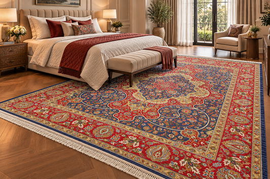 Soraya navy and red Persian medallion machine-made polyester carpet, view 2