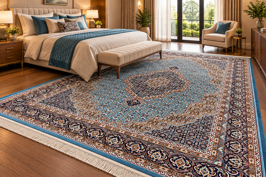 Yasmin turquoise Persian medallion machine-made polyester carpet, view 2