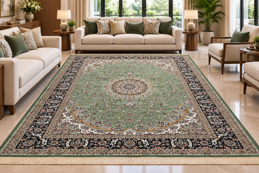Zumurrud green and navy Persian medallion machine-made viscose carpet, view 2