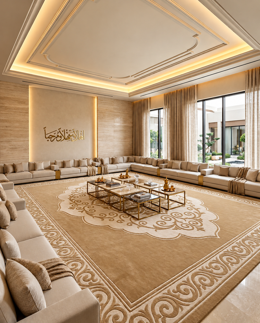 Sunehri gold and cream scroll medallion hand tufted wool rug, full view