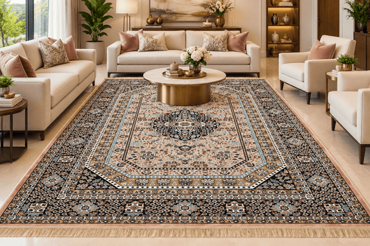 Gulnoosh pink and black Persian octagon medallion machine-made viscose carpet, view 2