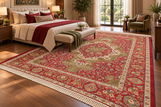 Laleh red and green Persian medallion machine-made polyester carpet, view 2