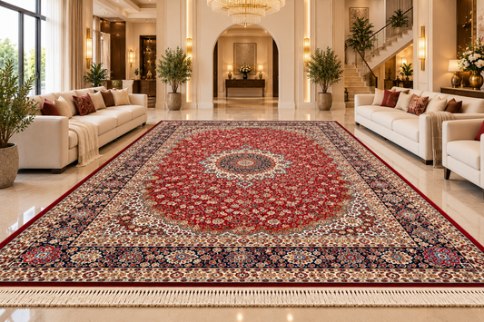 Gulnar red and navy Persian medallion machine-made polyester carpet, view 2