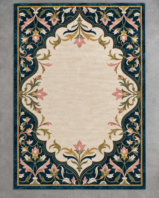 Gulbahar teal and cream floral border hand tufted wool rug, view 2