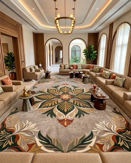 Aranya taupe and forest green leaf medallion hand tufted wool rug, full view