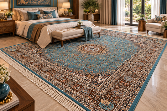 Nasrin aqua and brown Persian medallion machine-made polyester carpet, view 2
