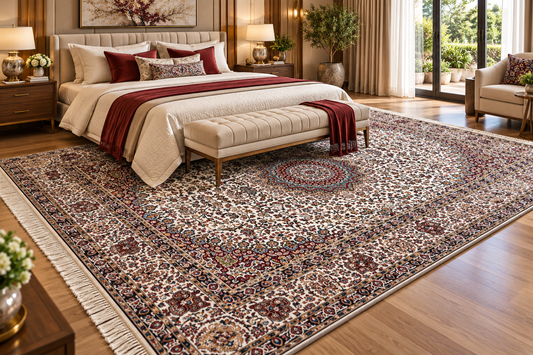 Negin white Persian medallion machine-made polyester carpet, view 2