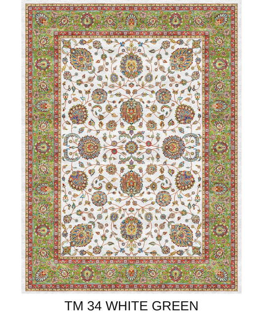 Golnaz white and green Persian floral machine-made polyester carpet, full view