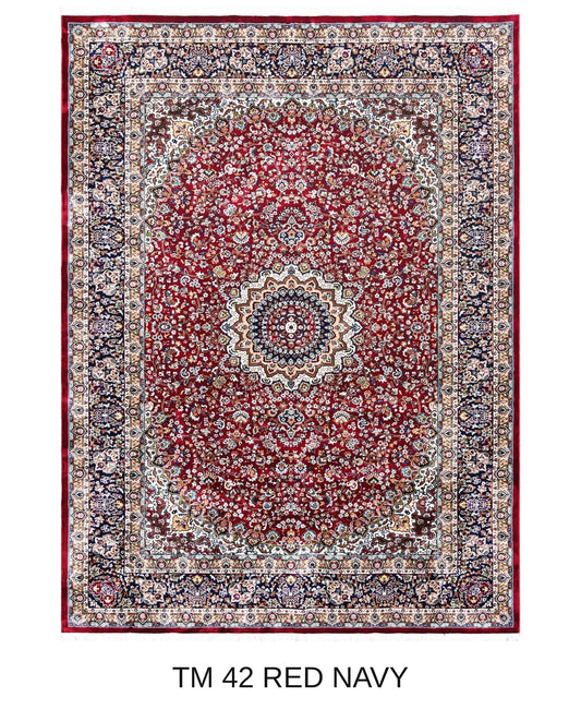 Gulnar red and navy Persian medallion machine-made polyester carpet, full view