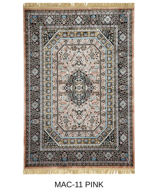 Gulnoosh pink and black Persian octagon medallion machine-made viscose carpet, full view