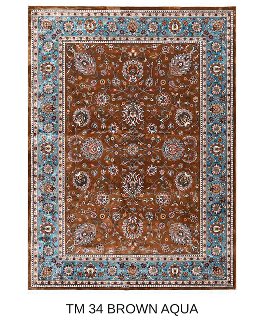 Mahnaz brown and aqua Persian floral machine-made polyester carpet, full view