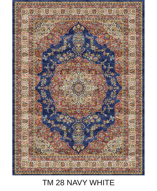 Mahsa navy and white Persian medallion machine-made polyester carpet, full view